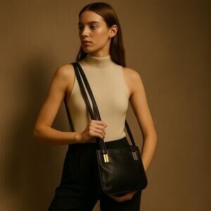 Vintage 90s Perlina NY Black Leather Shoulder Bag Gold Hardware Classic